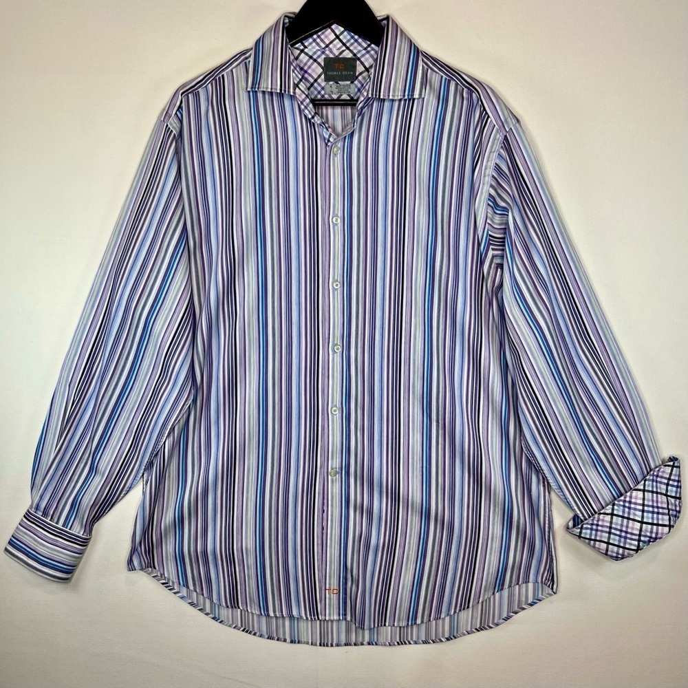 Thomas Dean men’s flip cuff long sleeve‎ button down shirt size XL purple blue